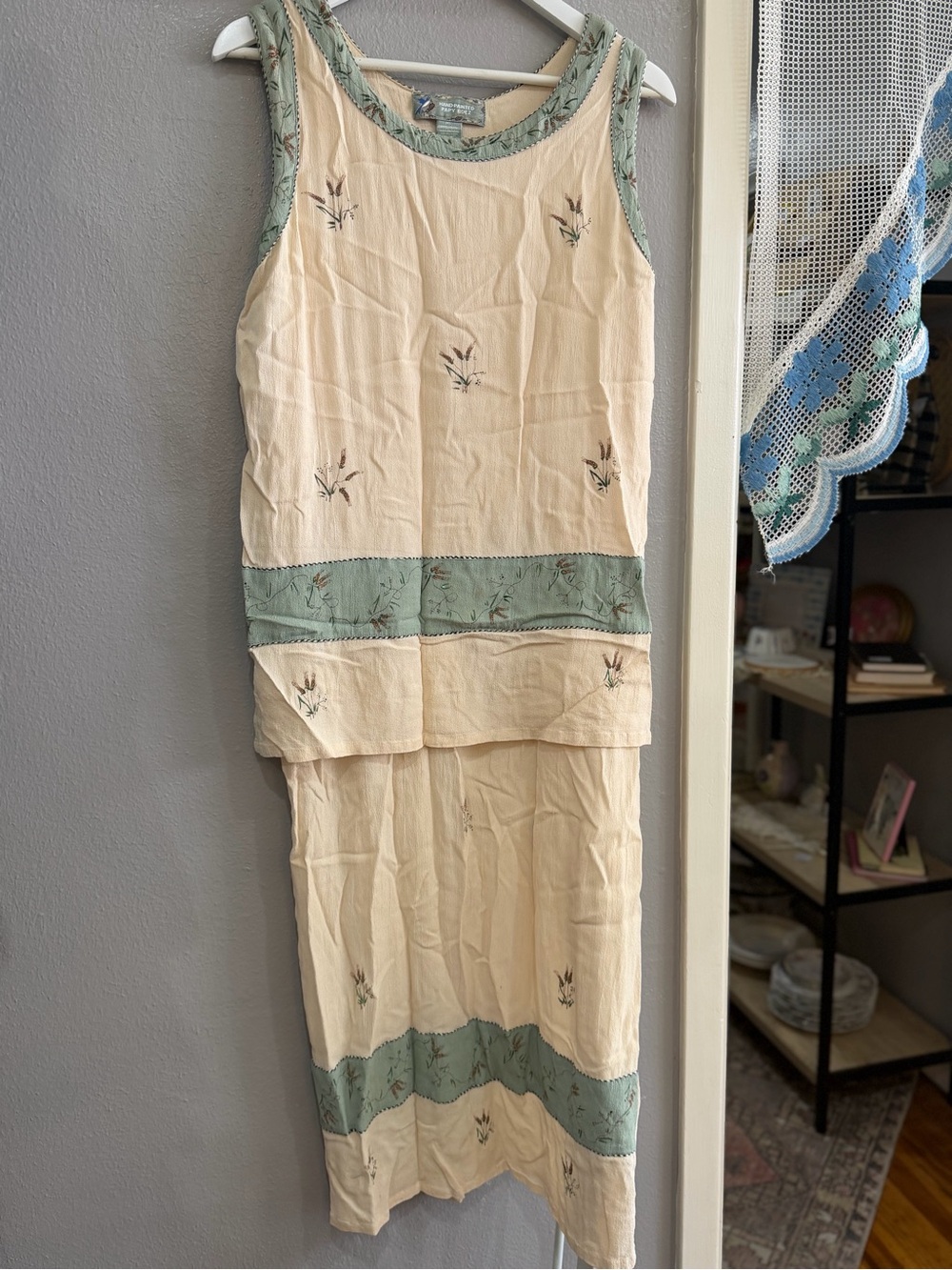 Light Cream Maxi Dress with Sage Trim — Sleeveless Embroidered Midi